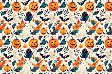 A Halloween themed pattern with pumpkins, bats, and other Halloween decorations