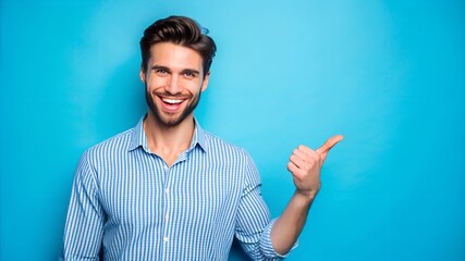 Naklejka premium Portrait of attractive cheerful guy demonstrating copy empty blank space ad isolated over bright blue color background