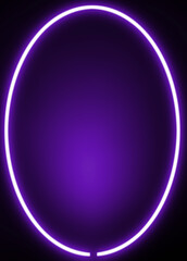 Dark wall background and blurred. purple or pink neon light and oval shape with vertical banner.