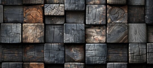 Rustic wooden 3d cubes stack in abstract formation  textured blocks for background