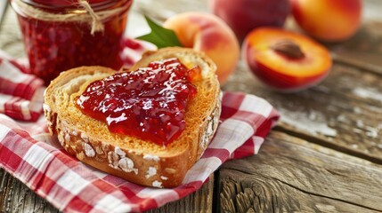 Obraz premium Sunlit Peach Jam and Fresh Bread on Rustic Wooden Table
