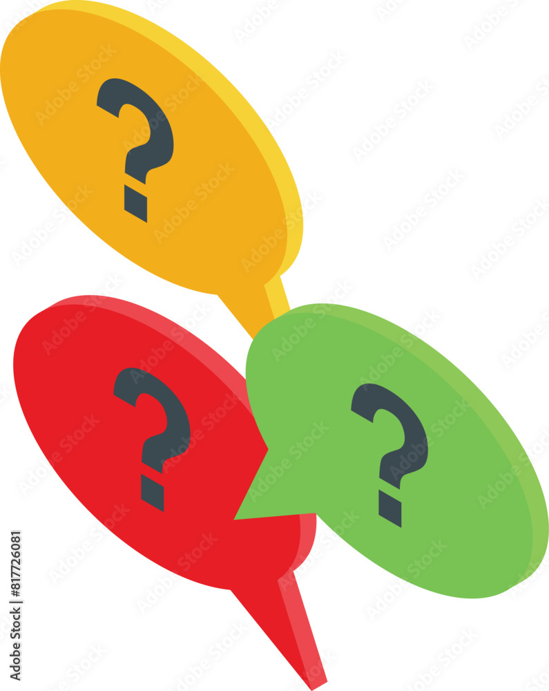 Poster vector illustration of multicolored speech bubbles with question marks, symbolizing inquiry and disc