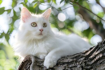 white cute kitten sitting on green tree