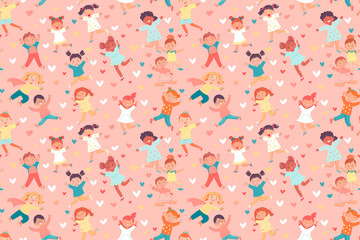 A colorful pattern of children playing with hearts