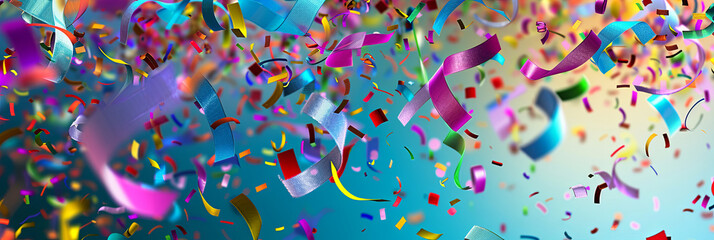 Fototapeta premium Colorful confetti and ribbons falling on the background, generative AI