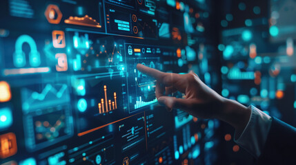 Businessman touching rising bar graph on virtual screen, representing business growth. Business and technology background.