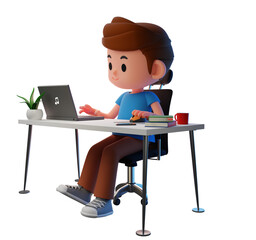 PNG transparent 3D render illustration of male, boy teenager working, using computer on desk with books, a cup of coffee, and plant pot , work from home concept