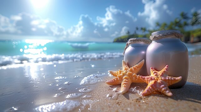 Bright and cheerful beach scene with essentials for fun under the sun, perfect for social media campaigns promoting beach holidays. - Powered by Adobe