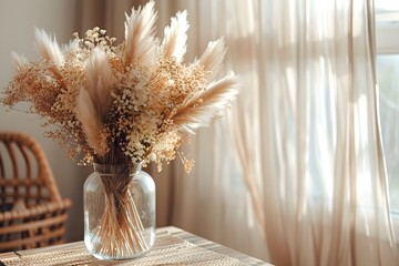 A vase with dried flowers on a table in front of a window