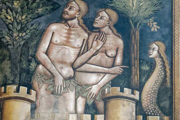 Fresco of Adam and Eve in paradise tempted by the snake. Fresque de Adam et Eve au paradis tenté...