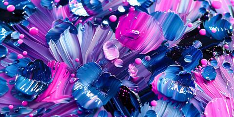 Wallpaper Background Vibrant Abstract Dynamic Symphony of Textured Blue, Purple, and Pink Oil Paint Splashes and Strokes. Generative AI Image.