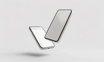 two smartphone floating in the air with white blank screen. on solid white background. mix match for mockup.