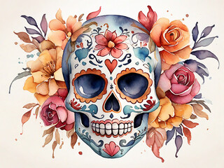 Watercolor Illustration Of Mexican Day Of The Dead Sugar Skull