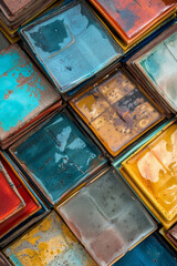 A top-down view of a stack of colorful ceramic tiles, with glossy and matte finishes adding texture to the surface.
