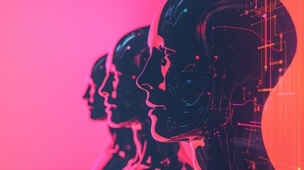 three futuristic black humanoid ai robot intricately detailed aligned in row against vibrant technical gradient background of pink orange