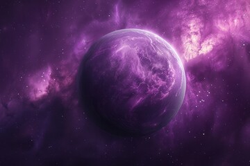 A purple planet surrounded by a vibrant purple nebula in outer space