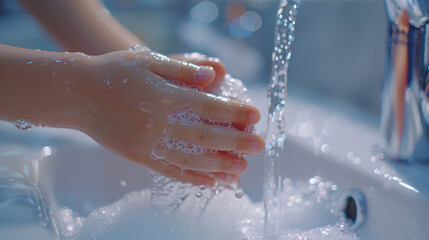 Fototapeta premium A child washes his hands in close-up.