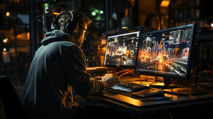 Fototapeta premium Focused Programmer Working Late at Night on Multiple Monitors in a Tech Office
