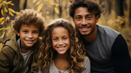 Obraz premium Happy Family Posing in Park with Autumn Leaves Background