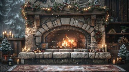Cozy winter fireplace scene