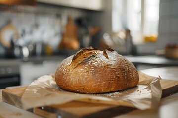 A loaf of bread on a cutting board in a kitchen