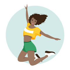 Girl in short t-shirt and shorts jumping, active training, zumba dance