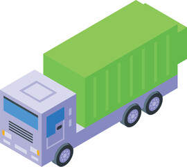 Colorful, detailed isometric vector image of a green garbage truck