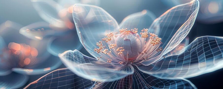 Sleek digital flower in wireframe style, exuding elegance and simplicity, suitable for medical and scientific visualization