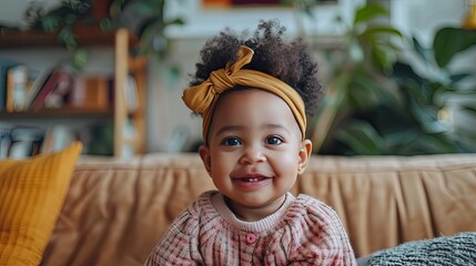 Joyful Innocence: Little Girl Smiling on Couch