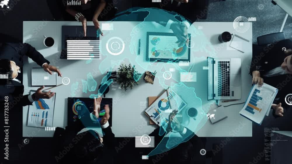Poster top view of happy executive manager present growth graph while smart team clap hands and shale hand 