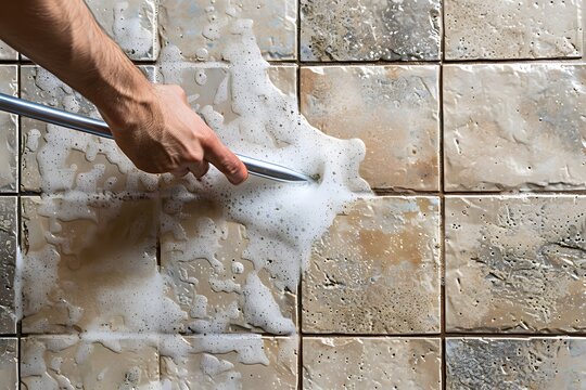 Someone is cleaning a tile with a squeegee and a brush