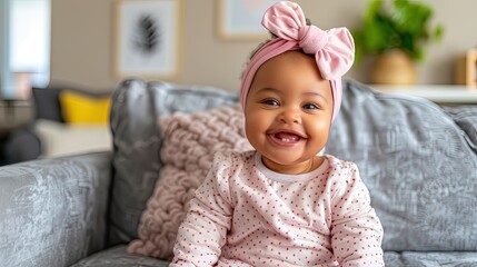 Joyful Innocence: Little Girl Smiling on Couch