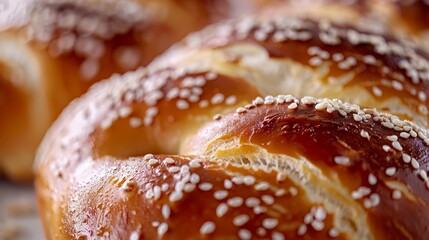 High-detail close-up of a pretzel bun showcasing the crispy exterior and soft interior, perfect for gourmet burgers, vibrant, Double exposure, isolated white backdrop