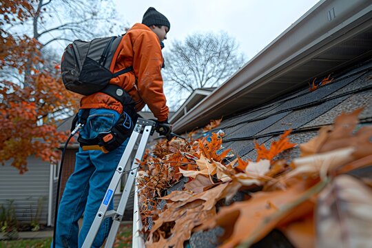 Man with a backpack and a leaf blower on a ladder