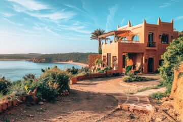 wide angle shot of an authentic maroccan eco villa exterior on a hill abowe the seashore 