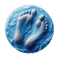 Human feet visible through light blue translucent plastic bag. Concept of global plastic pollution, danger and toxicity, Halloween, horror. Isolated on transparent background.