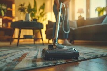Someone is using a vacuum to clean the floor of a living room