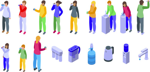 Thirsty people drinking vector. A group of people are drinking water and using a water fountain. There are also a few other objects in the scene, such as a cup and a bottle. Scene is casual and