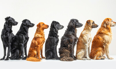 Progressive Lineup of Various Dog Breeds Sitting in Size Order, Isolated on White Background ? A Perfect Showcase for Dog Diversity and Beauty
