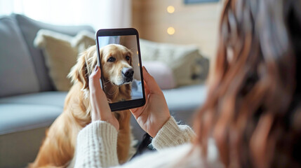 Woman participates in online dog training; on her smartphone you can see a sitting golden...