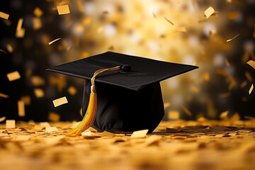 Graduation cap with confetti background - graduation day celebration concept for happy graduates