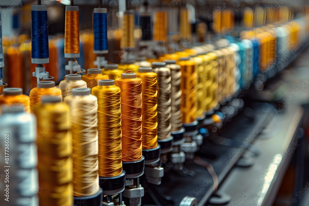 Poster a close up of a row of spools of thread on a machine