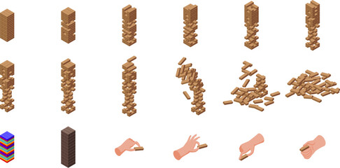 Wood stack balances game vector. A stack of wooden blocks with a hand reaching up to the top. The blocks are of different sizes and are piled on top of each other. Concept of playfulness and