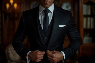 Man in a suit adjusting his tie in a room