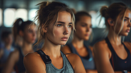 A group of young women deeply focused during a gym workout class, highlighting fitness dedication...