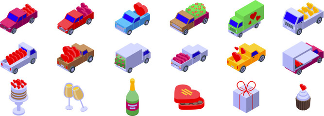 Fototapeta premium Valentine truck vector. A collection of cars and trucks with a heart on the right side. The heart is surrounded by a red ribbon