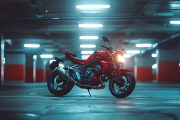 Motorcycle parked in parking garage under bright lights