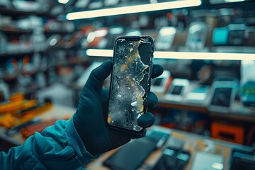 Person holding damaged smartphone in electronics store