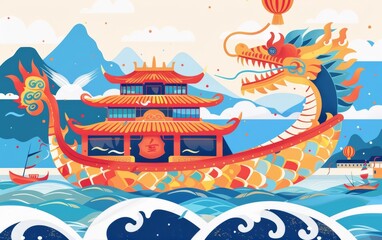 A vibrant, stylized illustration of a colorful dragon boat sailing on the sea against a beautiful sunset. Asian festival
