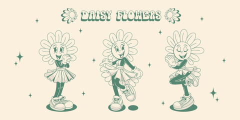 Smiling daisy character in retro 70s style. Funny emotions and peeing in a dress. Monochrome.Vector illustration.